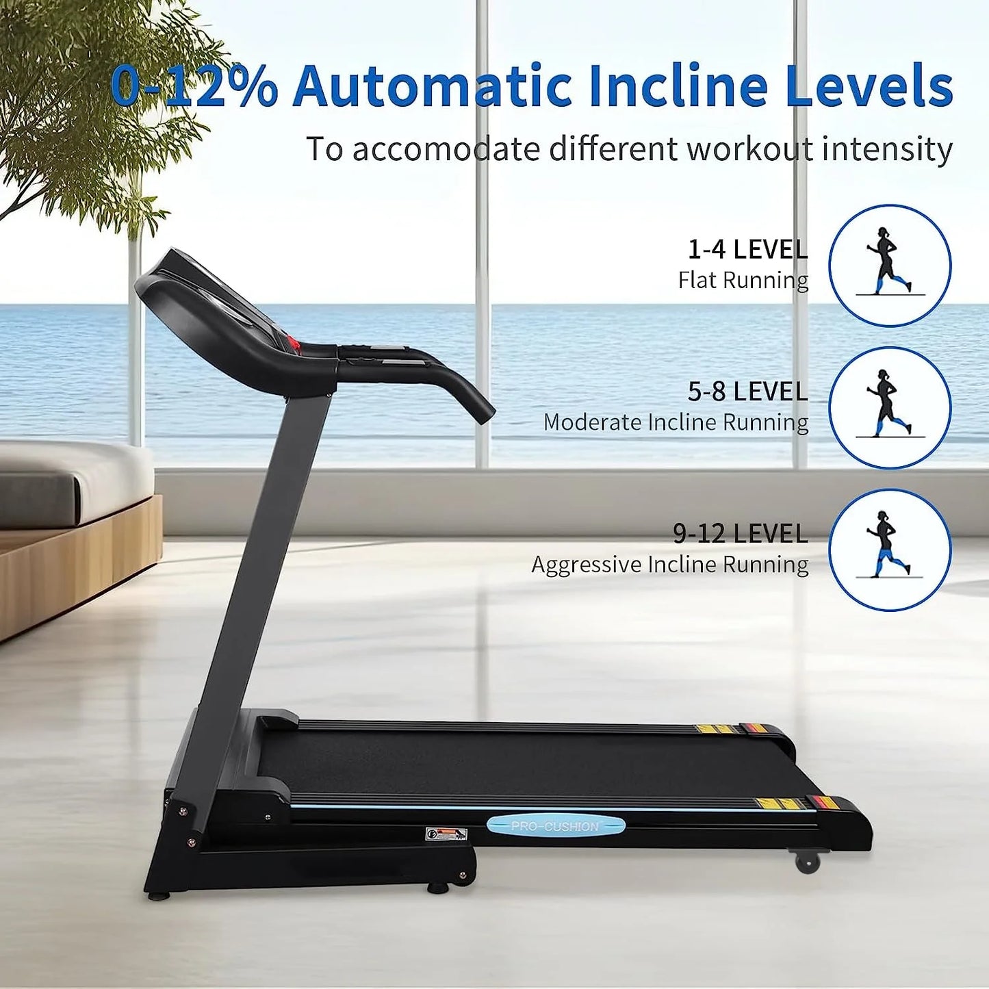 Treadmill with Auto Incline Folding Treadmill 12Level Incline 2.5 Horse Power 15 Preset for Home Use 8.5 Mph Range