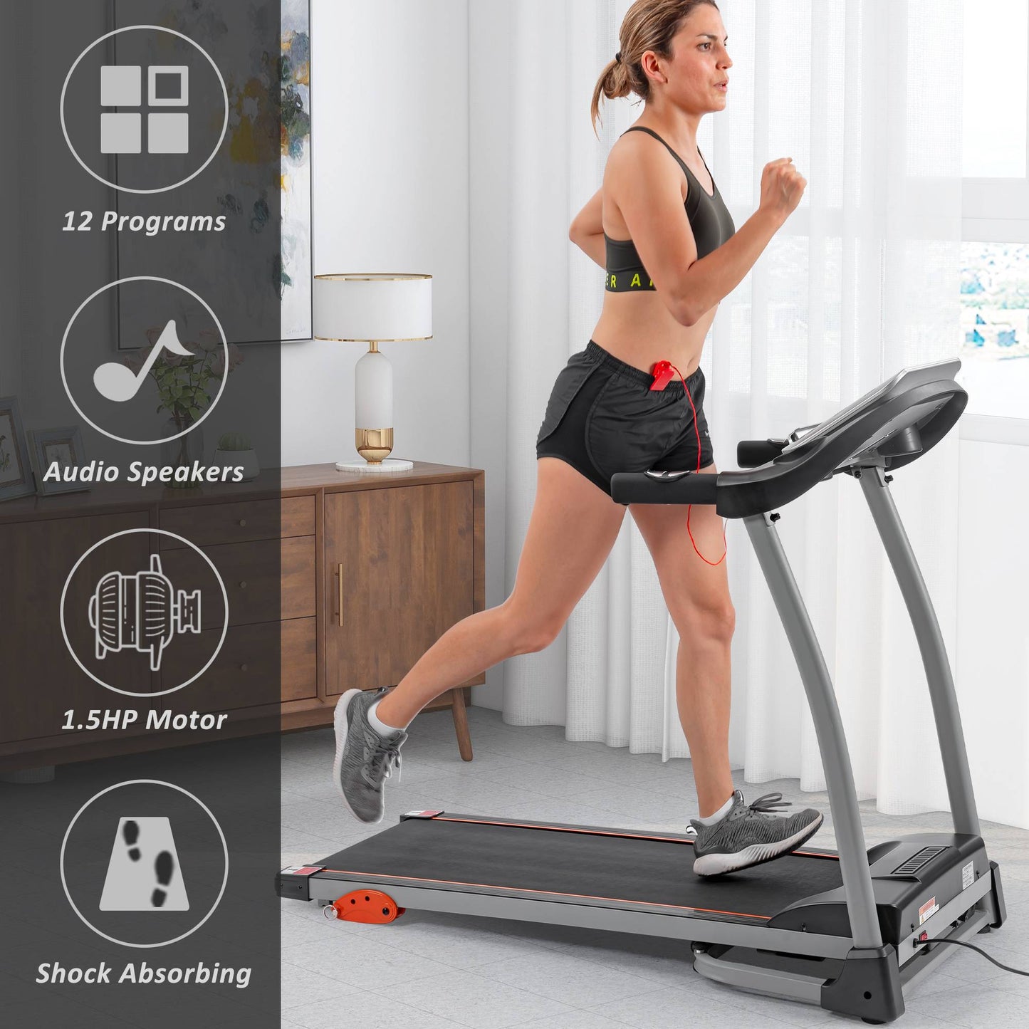 Home Use Easy Folding Treadmill, 1.5HP Electric Running, Jogging Walking Machine